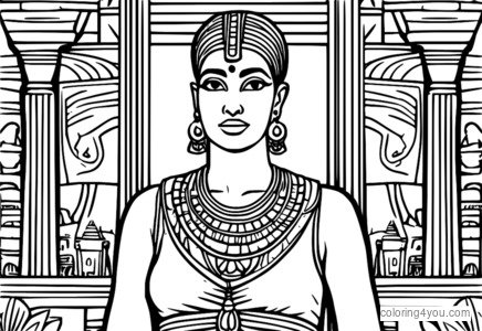 Ancient Egyptian woman wearing golden earrings and linen clothing and standing in a marketplace.