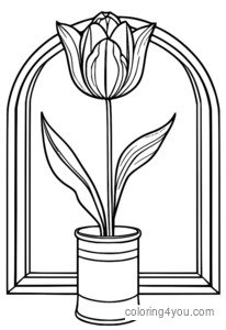 omalovánka tulipánového květu v malém košíku na jasně zeleném pozadí.