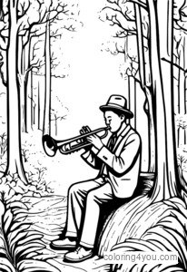 Une illustration d'un joueur d'instrument à vent dans une forêt