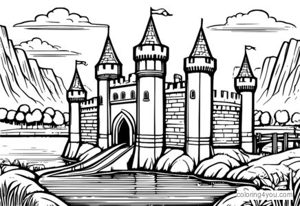 Un castillo medieval con un gran foso y un puente levadizo que se está levantando