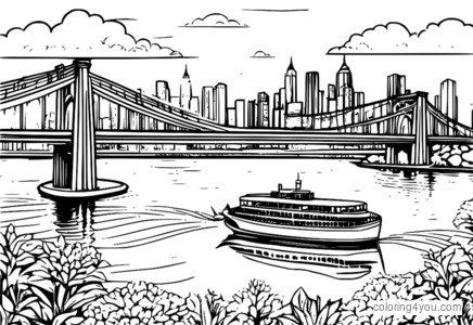 Ferry traversant une rivière sous un pont élevé avec un paysage urbain