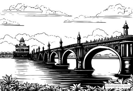 pagina da colorare di uno storico ponte forte a Chennai, in India, con una scena al tramonto
