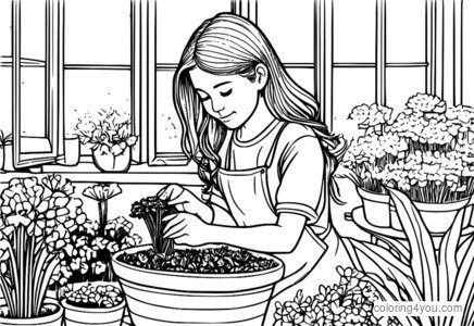 En ung jente som planter persille i en urtehage omgitt av fargerike blomster.