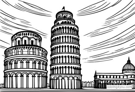 Malvorlage „Göttinnentempel Schiefer Turm von Pisa“ mit mystischen Symbolen