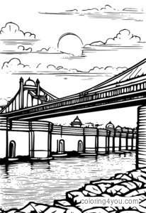 pagina da colorare di uno storico ponte forte a Chennai, in India, con una scena al tramonto
