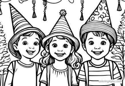 Crianças felizes segurando serpentinas coloridas e usando chapéus de festa festiva.