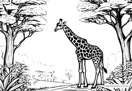 ilustração colorida de uma girafa espreitando sobre uma árvore frondosa com uma casa na árvore espessa