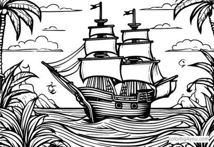 Barco pirata navegando por el océano con cañones disparando y un cofre del tesoro