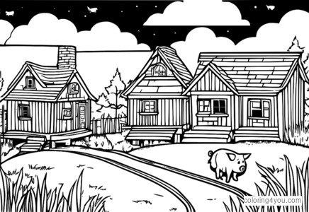 Coloring page of the three little pigs building their homes