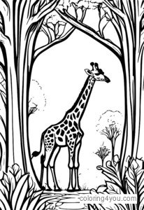 ilustração colorida de uma girafa espreitando sobre uma árvore frondosa com uma casa na árvore espessa