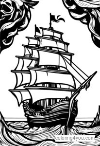 Barco pirata navegando por el océano con cañones disparando y un cofre del tesoro
