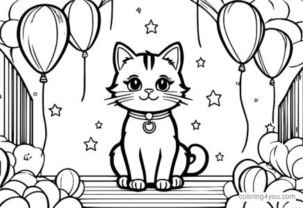 Um gatinho fofo cercado por balões coloridos, pendurados no teto.