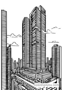 kleurplaat van een hoogbouwappartementencomplex met een modern en futuristisch design.