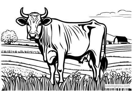 coloriage d'une vache debout devant une grange rouge