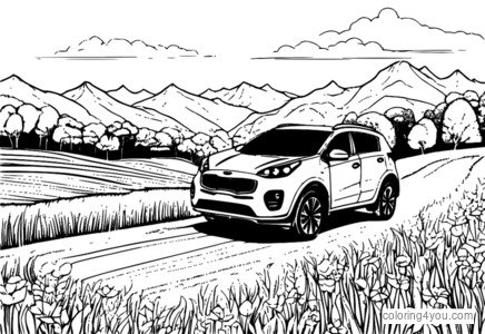 Kia Sportage színező oldala réten haladva