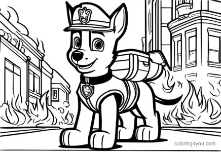 Marshall, el bombero dálmata, parado frente a un camión de bomberos, listo para emprender una aventura.