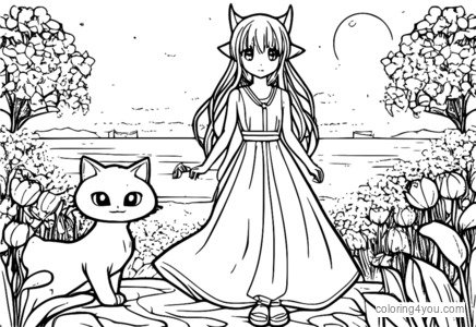 Nyaruko anime målarbok, glad utomjording som leker med katt