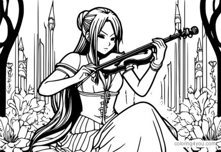 Erza Scarlet tocando su oboe mágico, rodeada de un fondo musical caprichoso