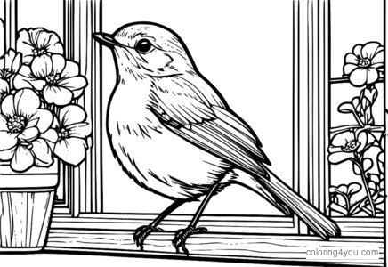 Un Robin s-a cocoțat pe un pervaz însorit, înconjurat de flori înflorite și o zi caldă de vară.