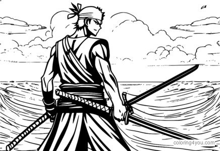Roronoa Zoro üç qılınc və okean fonu ilə