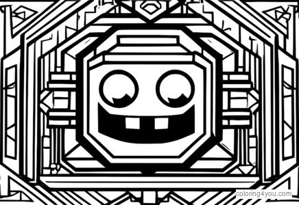 σελίδα χρωματισμού ενός power-up από το Geometry Dash που επιπλέει πάνω από ένα γεωμετρικό σχέδιο.