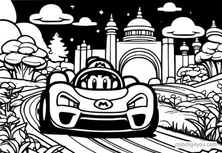 Tranh tô màu Mario Kart với Mario, Luigi và phong cảnh Vương quốc Nấm.
