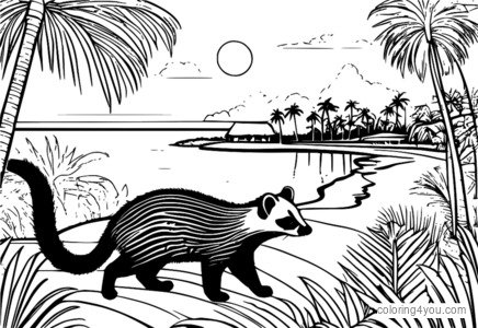 熱帯の島を歩くジャコウネコのカラー画像
