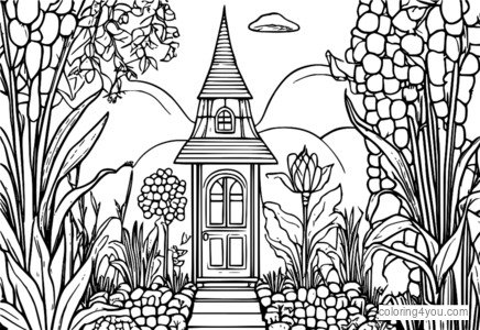 Fairy garden coloring page with sweet corn, carrots, and other colorful vegetables