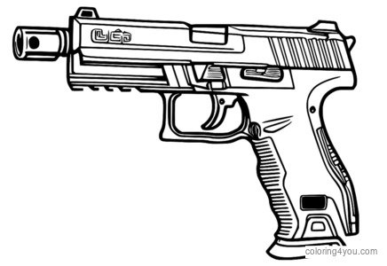 krāsojamā lapa ar Heckler & Koch USP pistoli, ko aptver karikatūras varonis