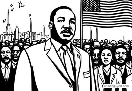Eindrucksvolle Illustration von Dr. Martin Luther King Jr., der einen Marsch anführt, mit brennenden Kerzen und amerikanischen Flaggen im Hintergrund, die die Kraft der Einheit und Entschlossenheit symbolisieren.